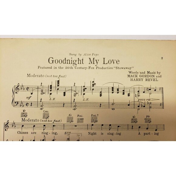 Sheet Music"Goodnight my Love" Shirley Temple Alice Faye Stowaway 1936 - Picture 5 of 5